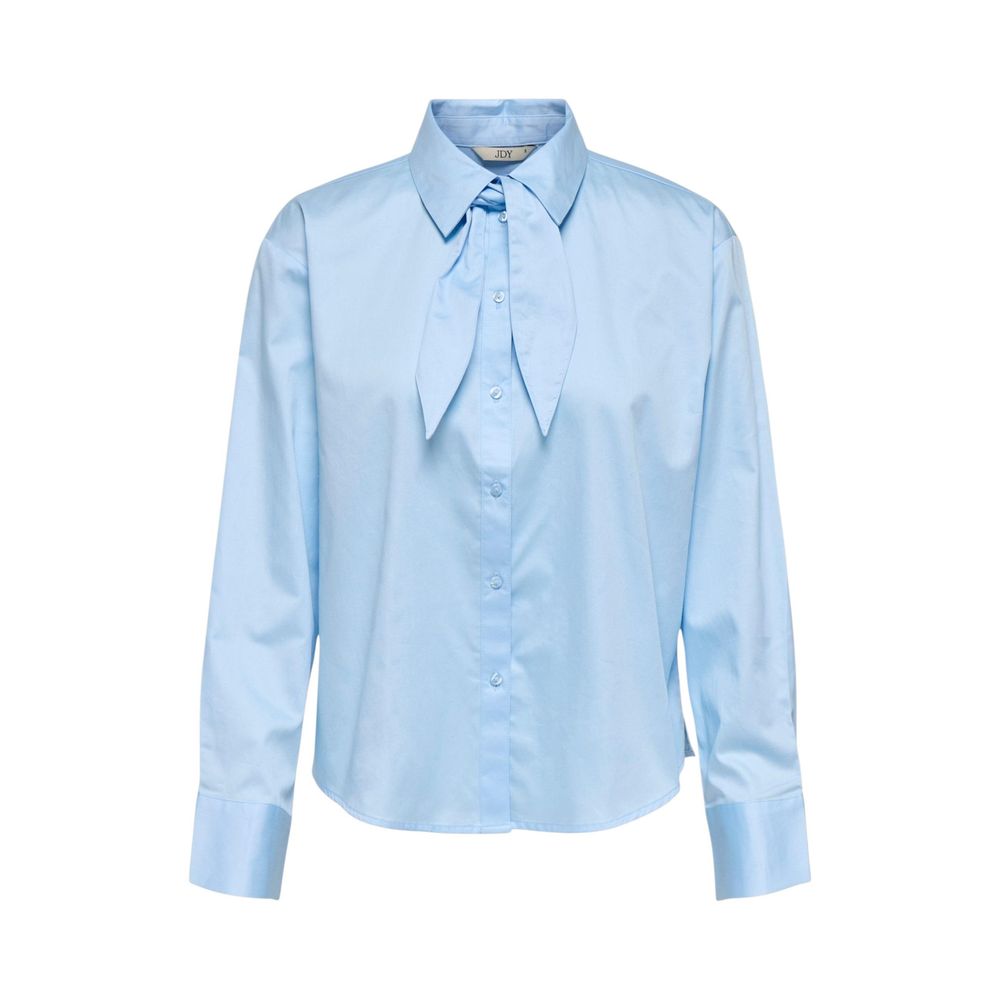Jacqueline De Yong blue cotton blouse with long sleeves and a relaxed fit, displayed on a hanger against a white background.