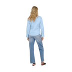 Jacqueline De Yong blue cotton blouse with long sleeves and button-front detail, casual stylish top for women.