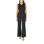 Rinascimento black polyester jumpsuit with wide-leg pants and sleeveless design, featuring a fitted waist and V-neck neckline.
