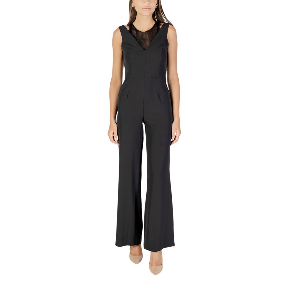 Rinascimento black polyester jumpsuit with wide-leg pants and sleeveless design, featuring a fitted waist and V-neck neckline.