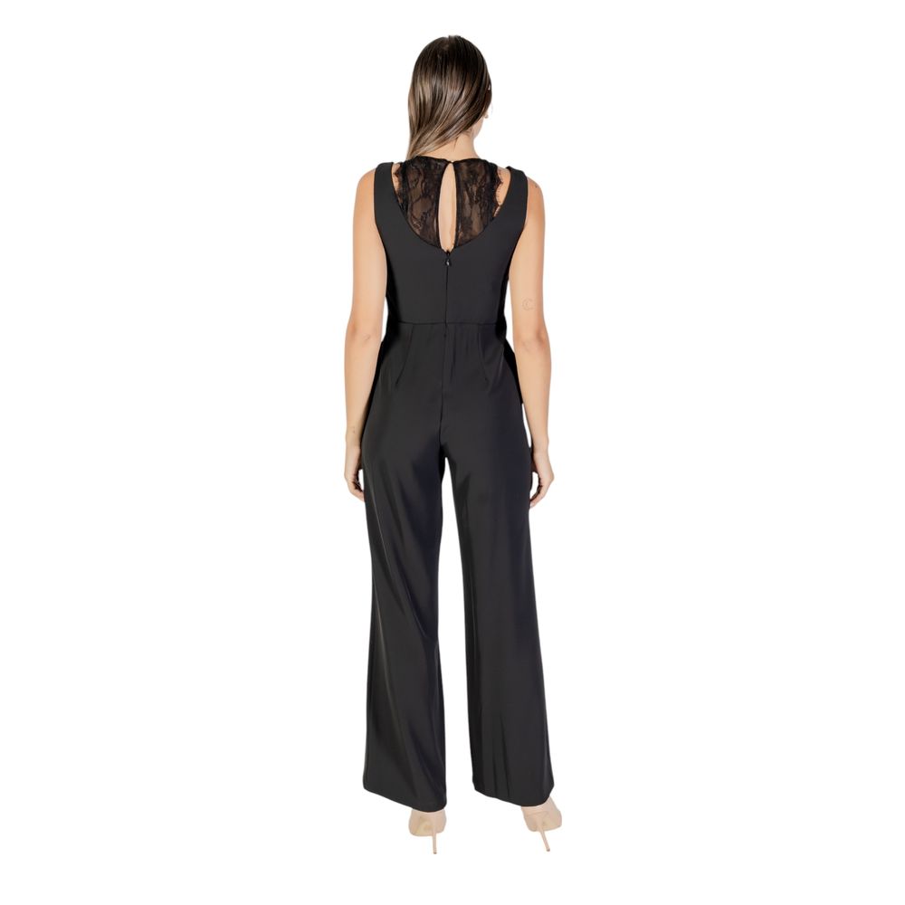 Black Rinascimento polyester jumpsuit with wide-leg pants and sleeveless design, displayed on a hanger.