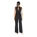 Black Rinascimento polyester jumpsuit with wide-leg pants and sleeveless design, displayed on a hanger.