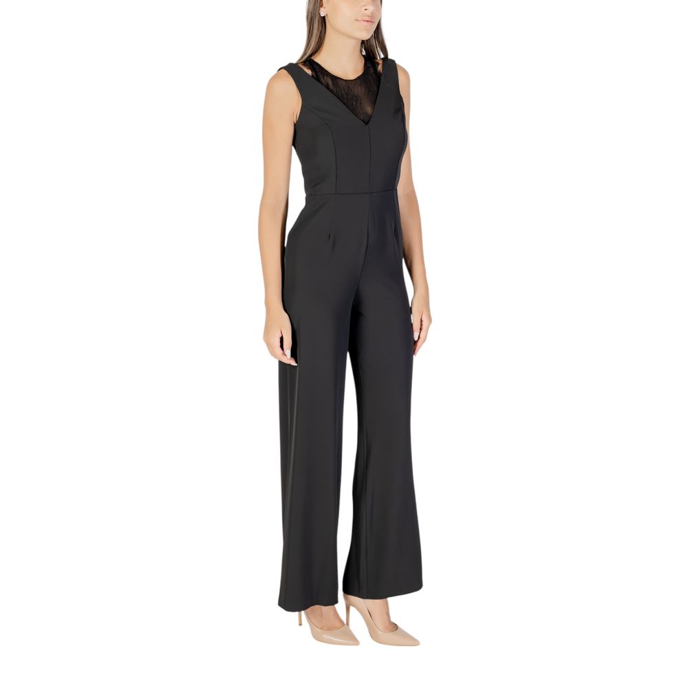 Rinascimento black polyester jumpsuit with wide-leg pants and sleeveless design, stylish and comfortable for casual or dressy occasions.