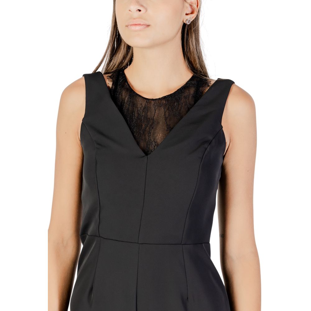 Black Rinascimento polyester jumpsuit with wide-leg pants and sleeveless design, displayed on a mannequin.