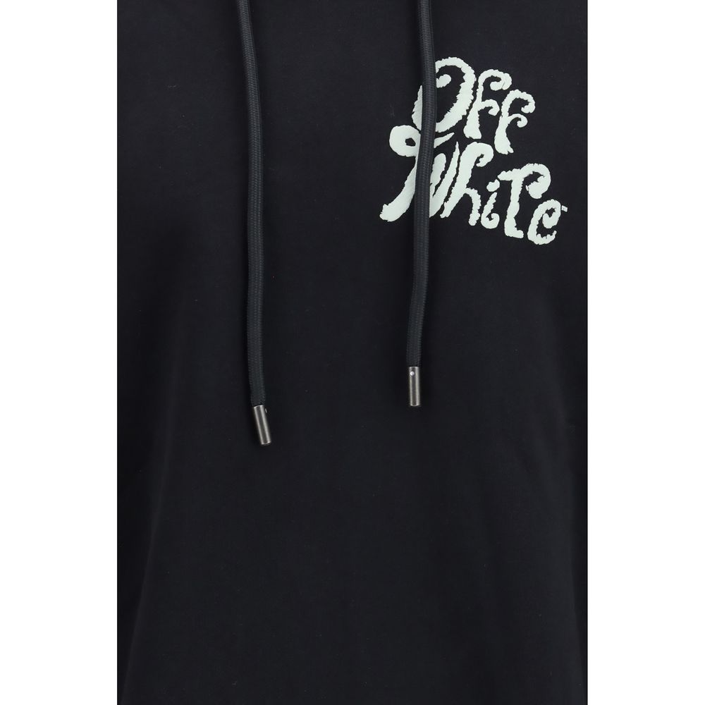 Off-White black cotton sweatshirt displayed on a hanger, featuring the signature off-white branding and relaxed fit.