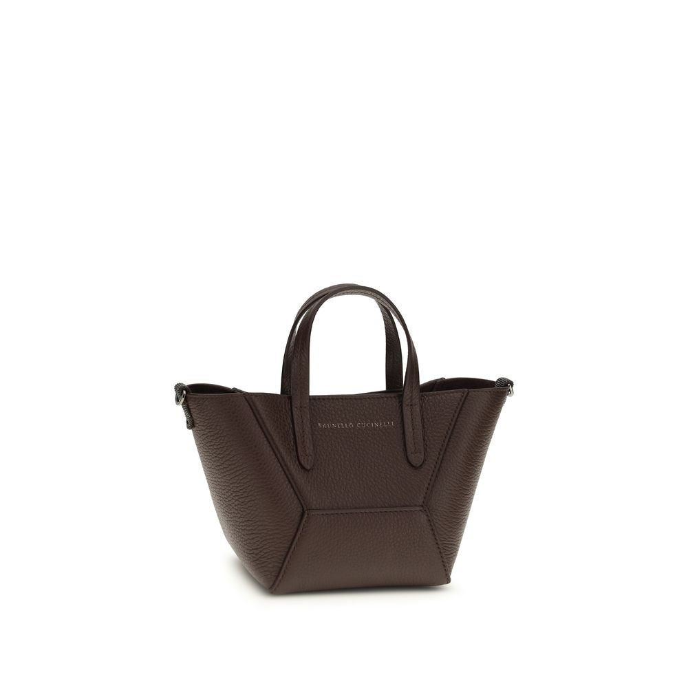 Brunello Cucinelli Bordeaux calf leather Bos Taurus shoulder bag with silver hardware and structured design.