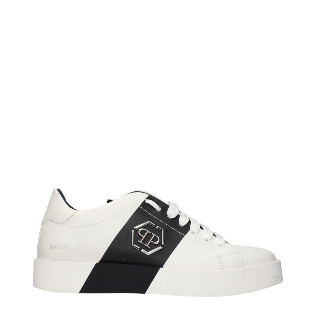 White leather sneakers by Philipp Plein featuring stylish design and branding details, perfect for casual and trendy outfits.