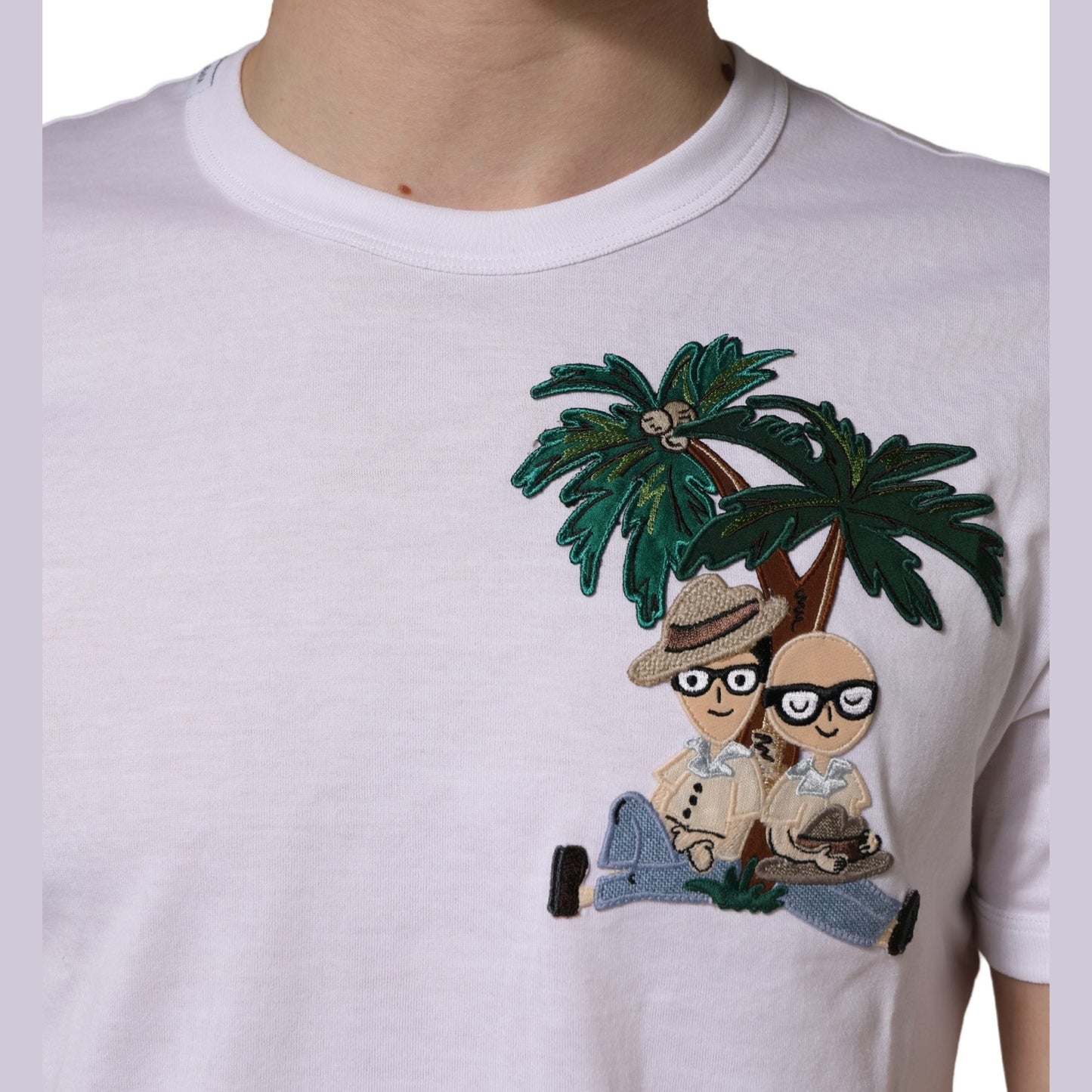 Dolce & Gabbana White Palm Embroidered Men Crew Neck T-shirt