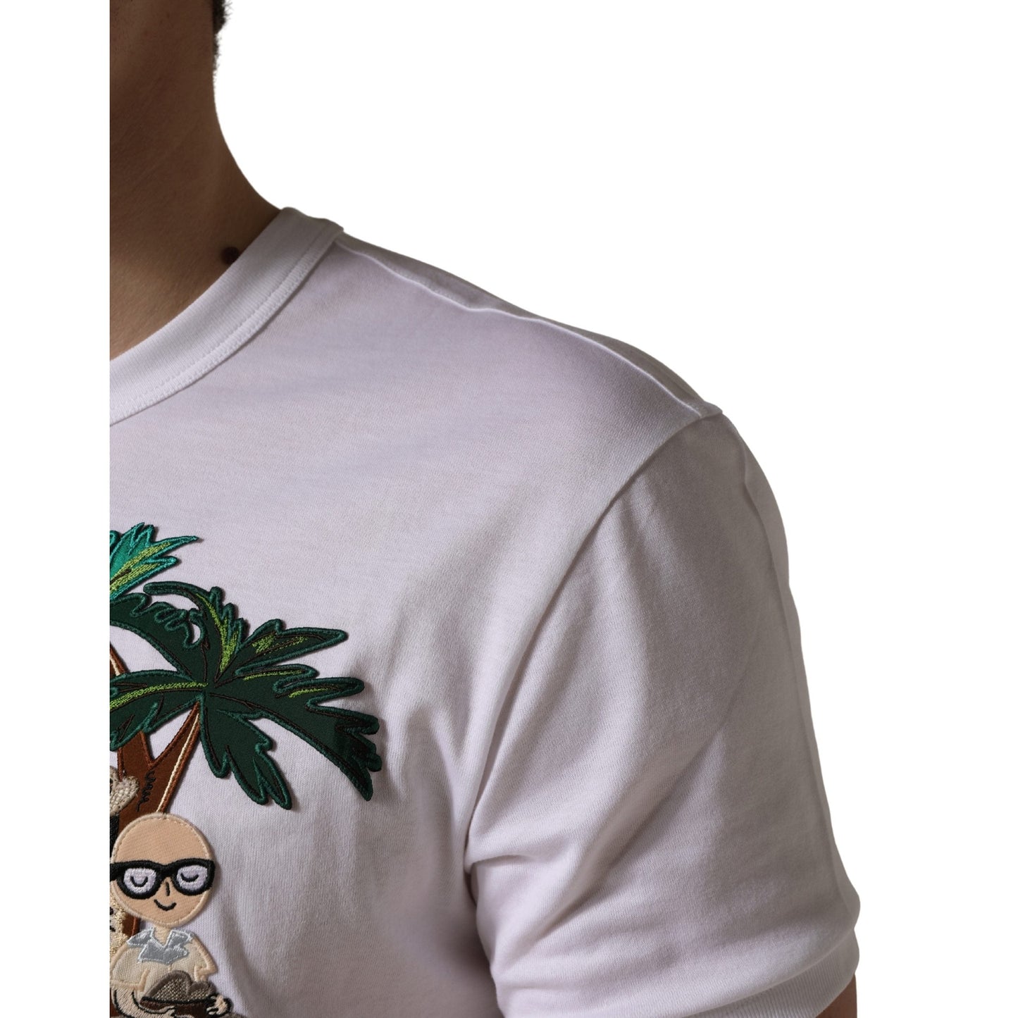 Dolce & Gabbana White Palm Embroidered Men Crew Neck T-shirt