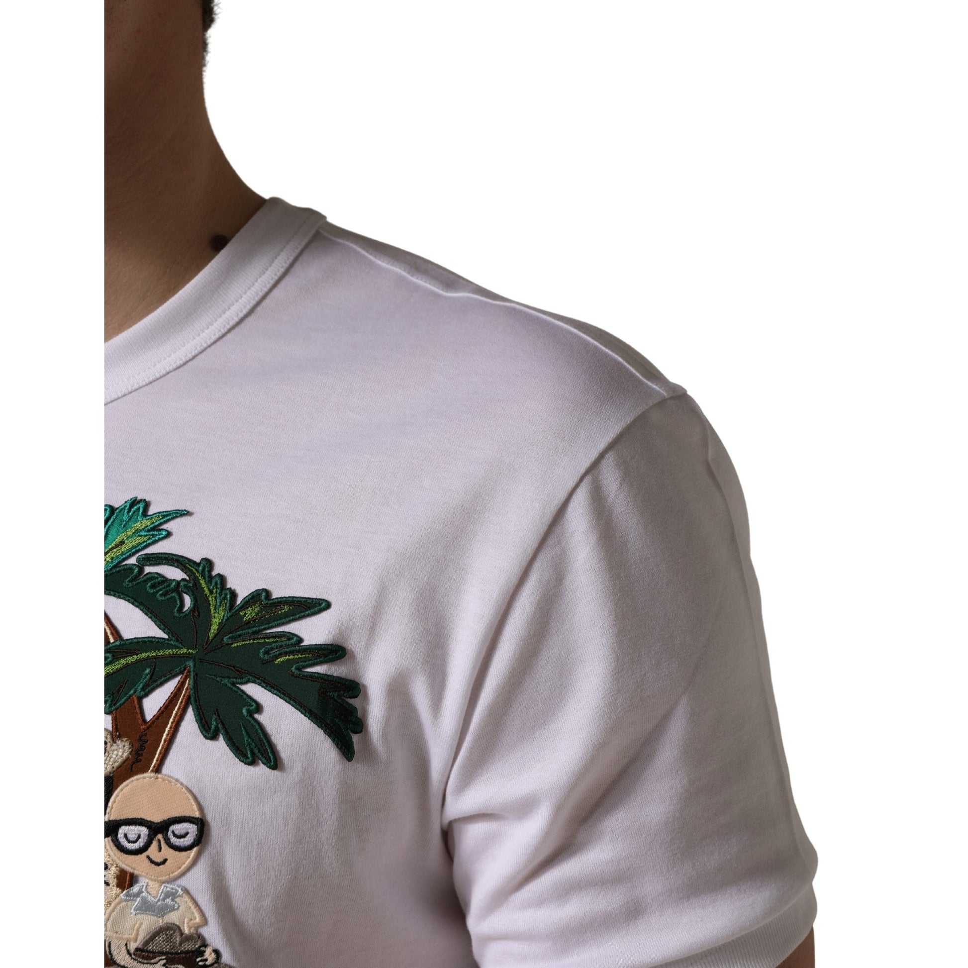 Dolce & Gabbana White Palm Embroidered Men Crew Neck T-shirt