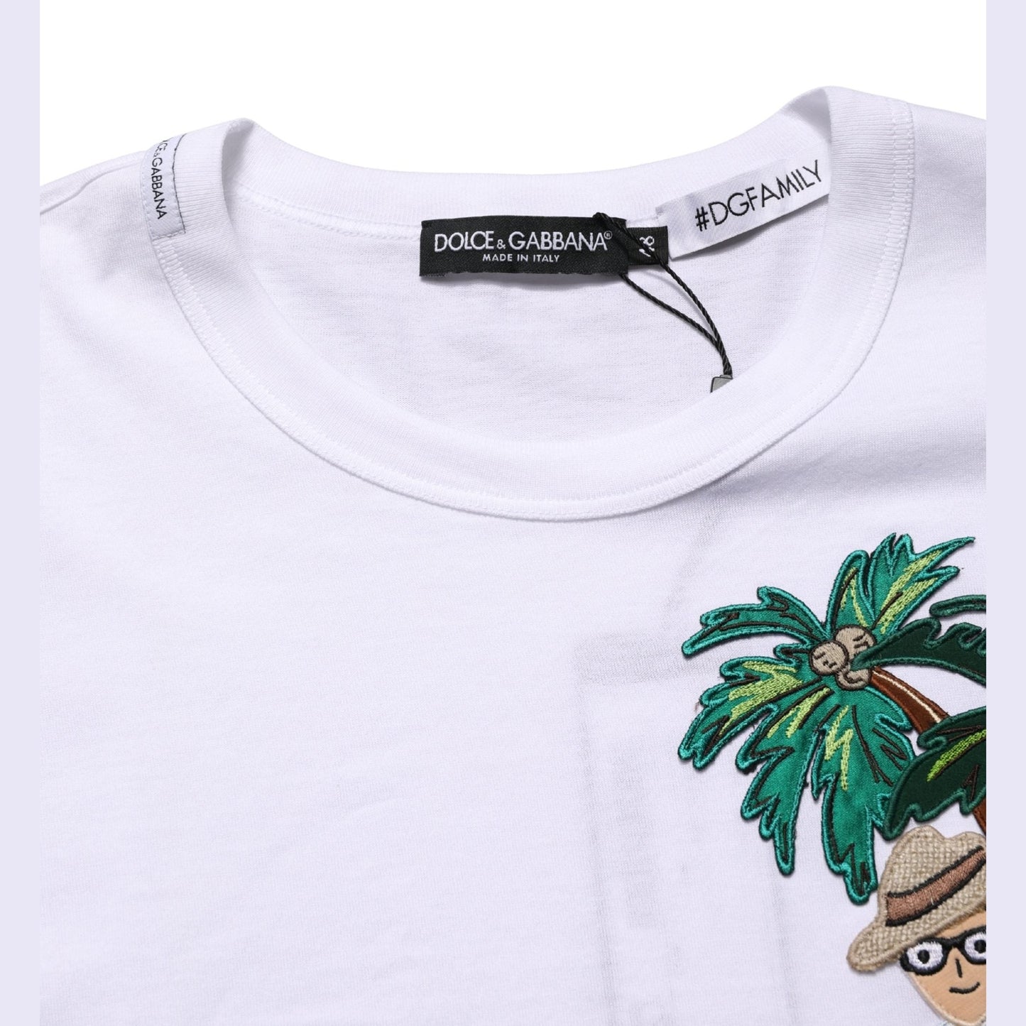 Dolce & Gabbana White Palm Embroidered Men Crew Neck T-shirt