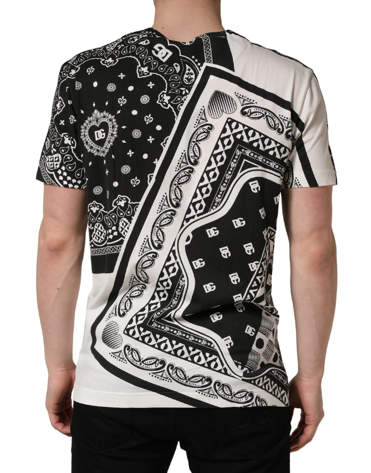 Dolce & Gabbana Black White Bandana Cotton Crew Neck  T-shirt - Eljoys Fashion 