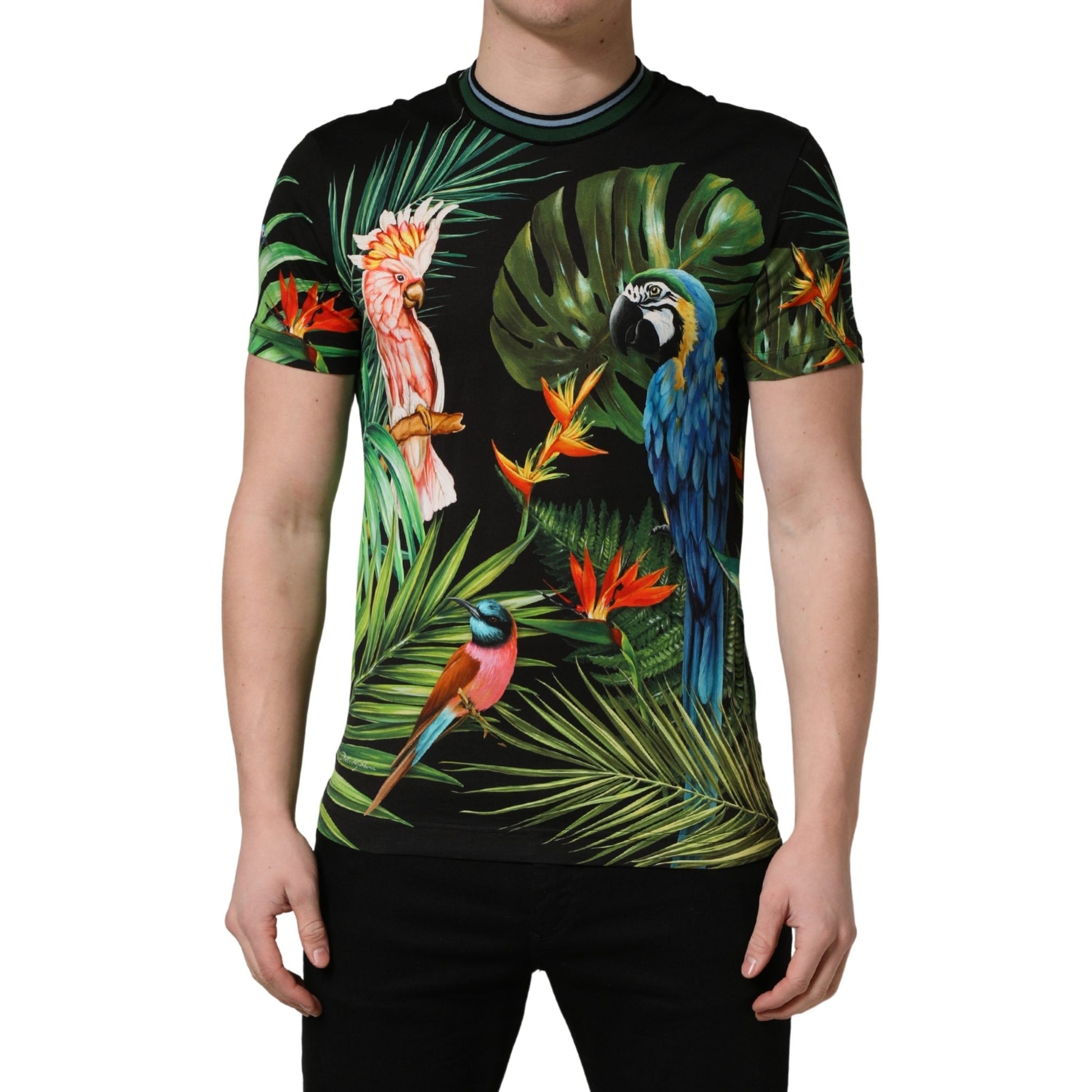 Dolce & Gabbana Black Bird Print Cotton Men Crew Neck T-shirt