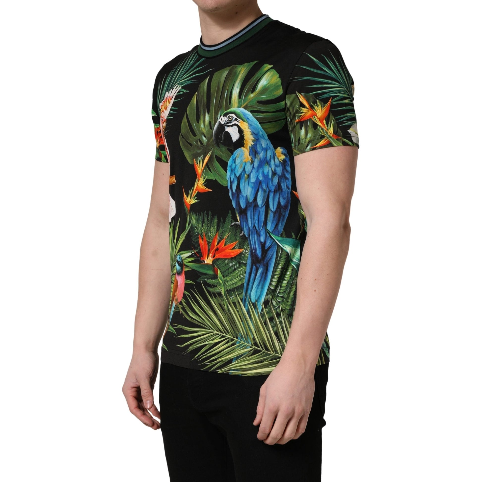 Dolce & Gabbana Black Bird Print Cotton Men Crew Neck T-shirt