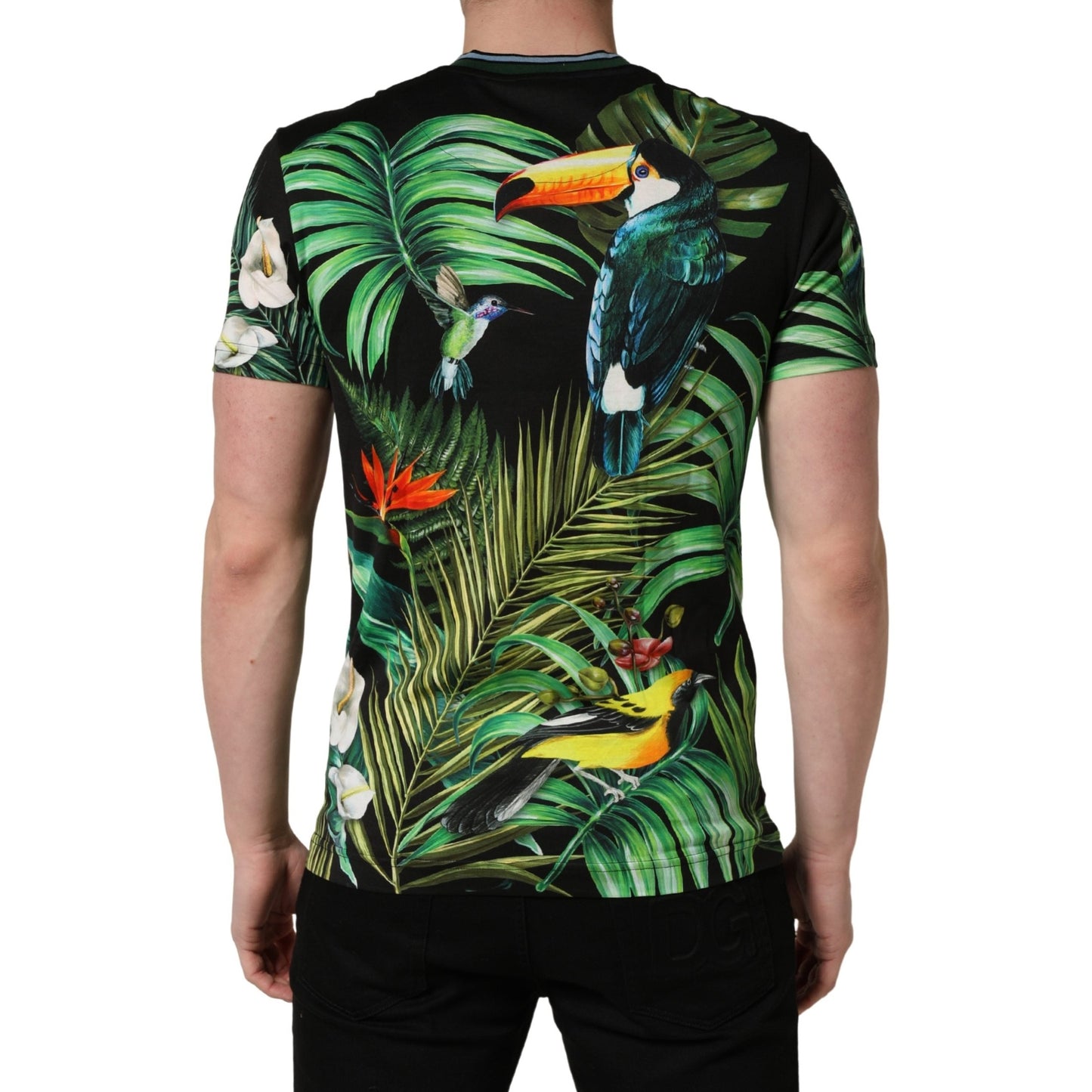 Dolce & Gabbana Black Bird Print Cotton Men Crew Neck T-shirt