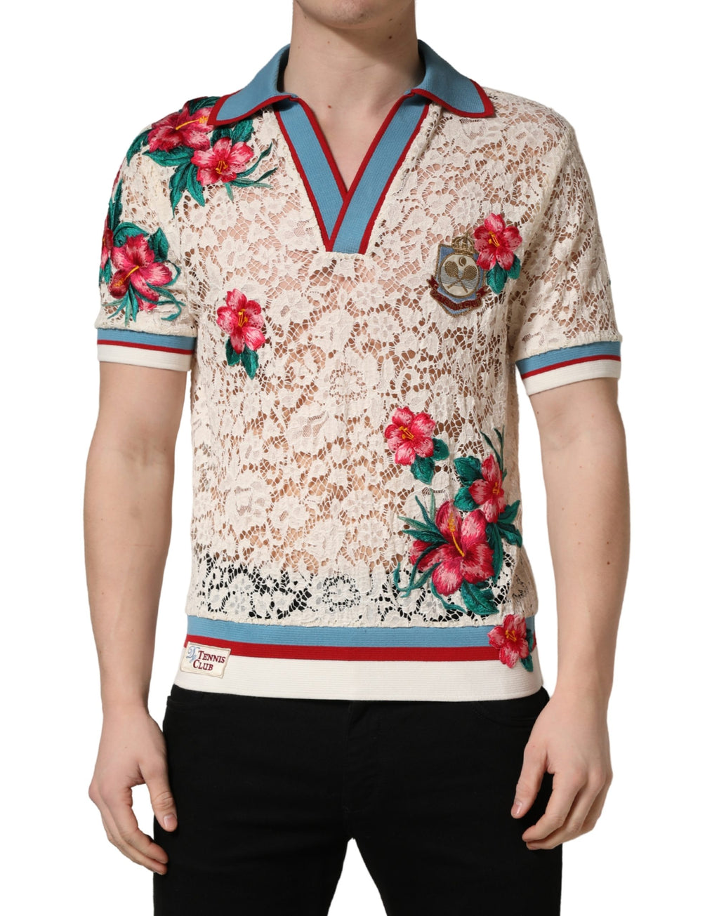 Dolce & Gabbana Beige Floral Tennis Club Lace Polo T-shirt - Eljoys Fashion 