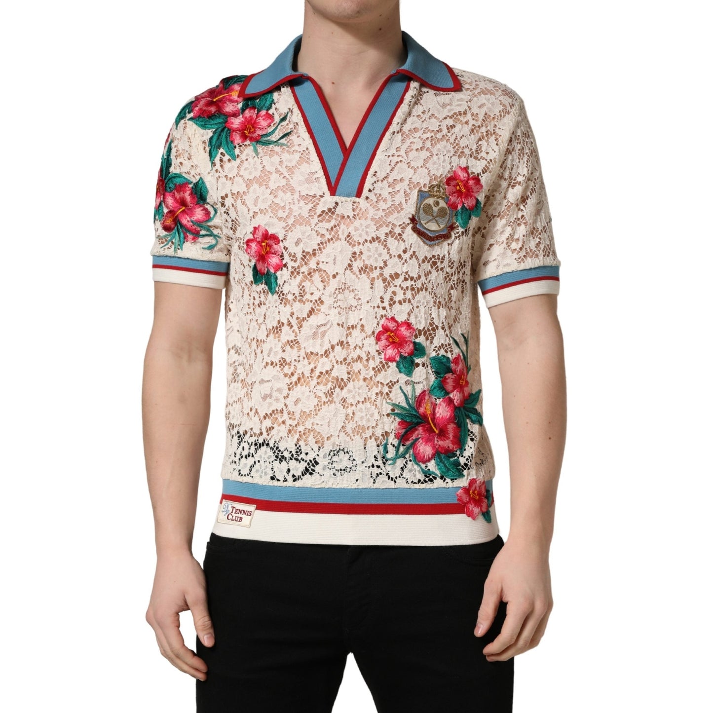 Dolce & Gabbana Beige Floral Tennis Club Lace Polo T-shirt