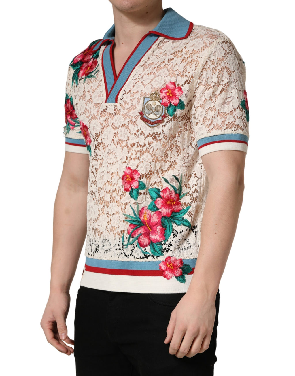 Dolce & Gabbana Beige Floral Tennis Club Lace Polo T-shirt - Eljoys Fashion 