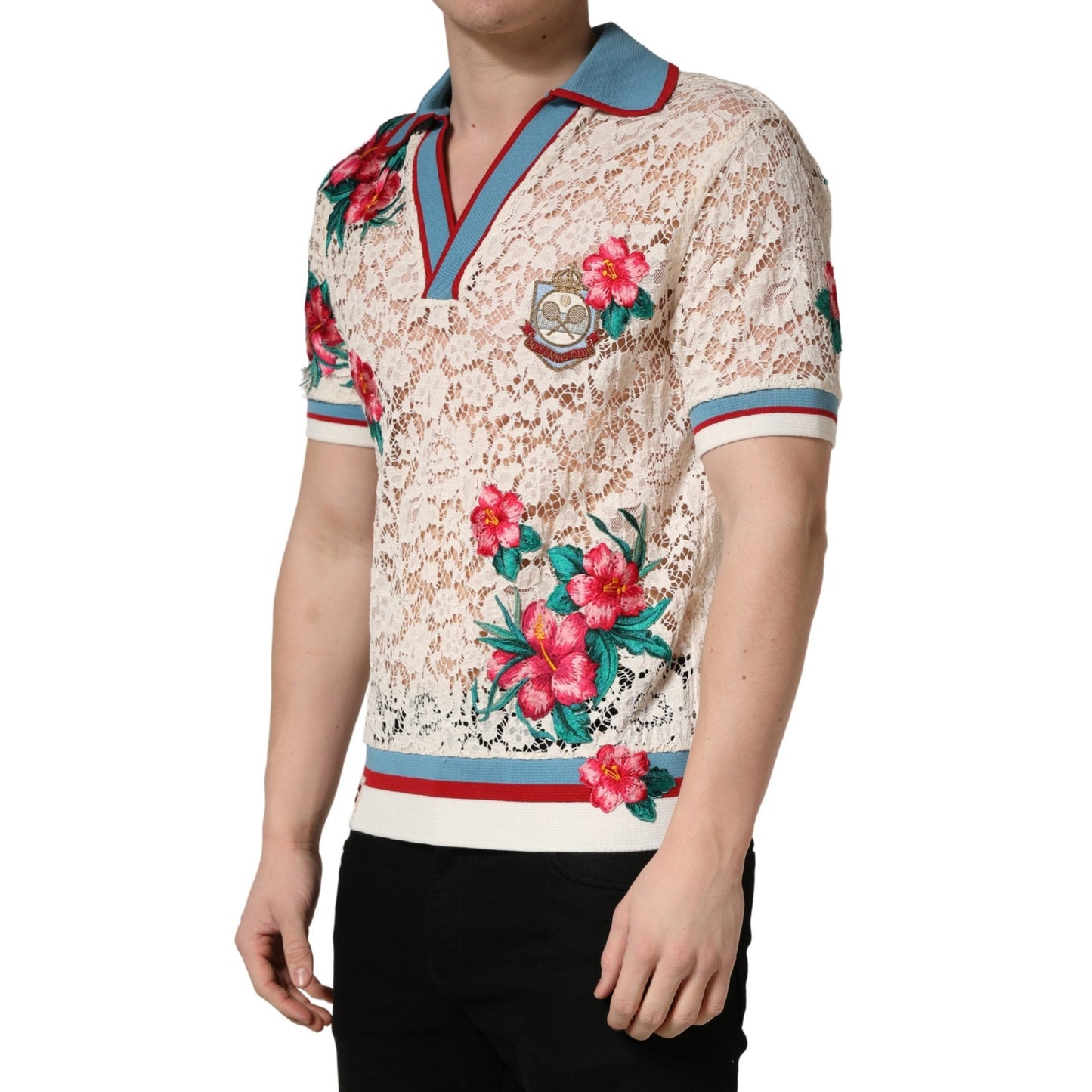Dolce & Gabbana Beige Floral Tennis Club Lace Polo T-shirt