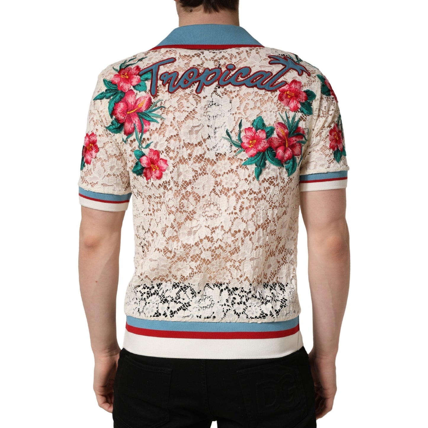 Dolce & Gabbana Beige Floral Tennis Club Lace Polo T-shirt