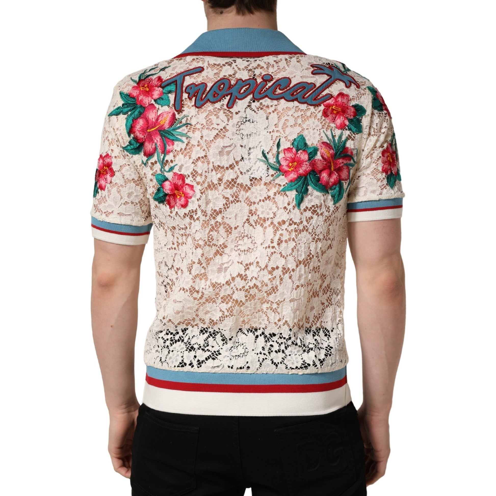 Dolce & Gabbana Beige Floral Tennis Club Lace Polo T-shirt