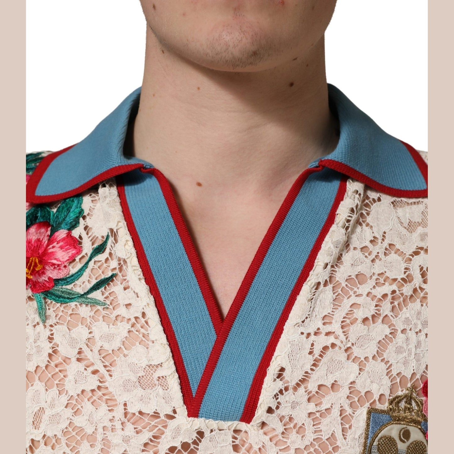 Dolce & Gabbana Beige Floral Tennis Club Lace Polo T-shirt