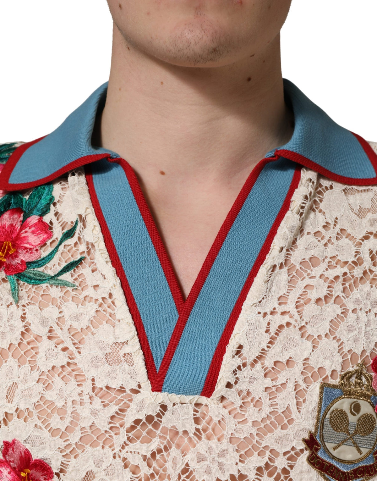 Dolce & Gabbana Beige Floral Tennis Club Lace Polo T-shirt - Eljoys Fashion 
