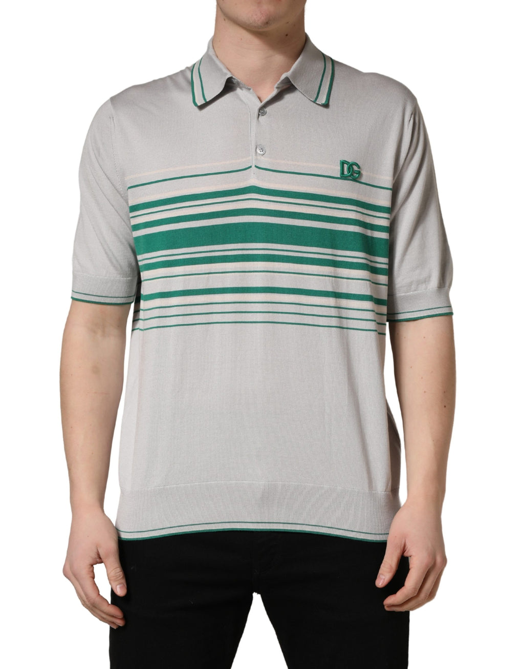 Dolce & Gabbana gray and green striped silk polo T-shirt with logo detail, featuring a classic collar and short sleeves.