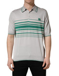 Dolce & Gabbana gray and green striped silk polo T-shirt with logo detail, featuring a classic collar and short sleeves.