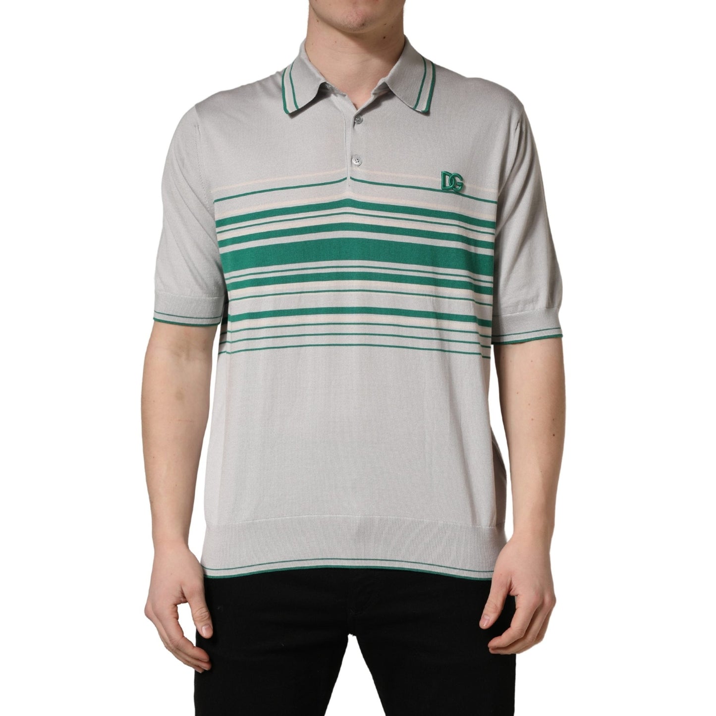 Dolce & Gabbana Gray Green Striped Logo Silk Polo T-shirt Dolce & Gabbana