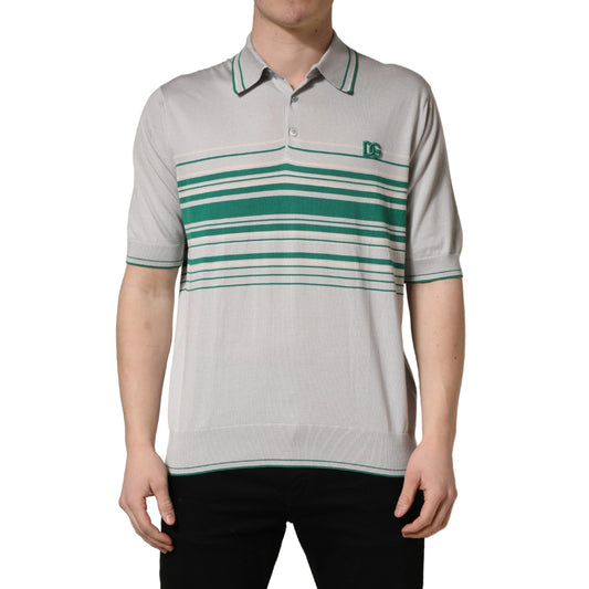 Dolce & Gabbana Gray Green Striped Logo Silk Polo T-shirt Dolce & Gabbana
