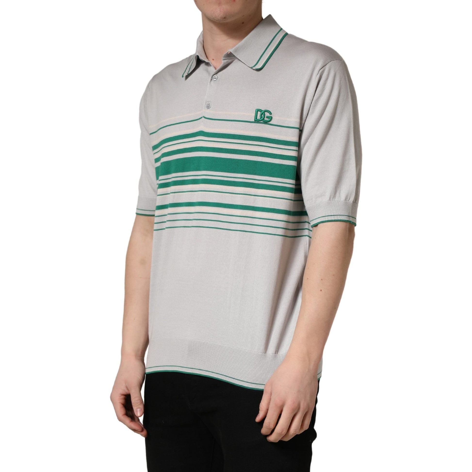 Dolce & Gabbana Gray Green Striped Logo Silk Polo T-shirt Dolce & Gabbana