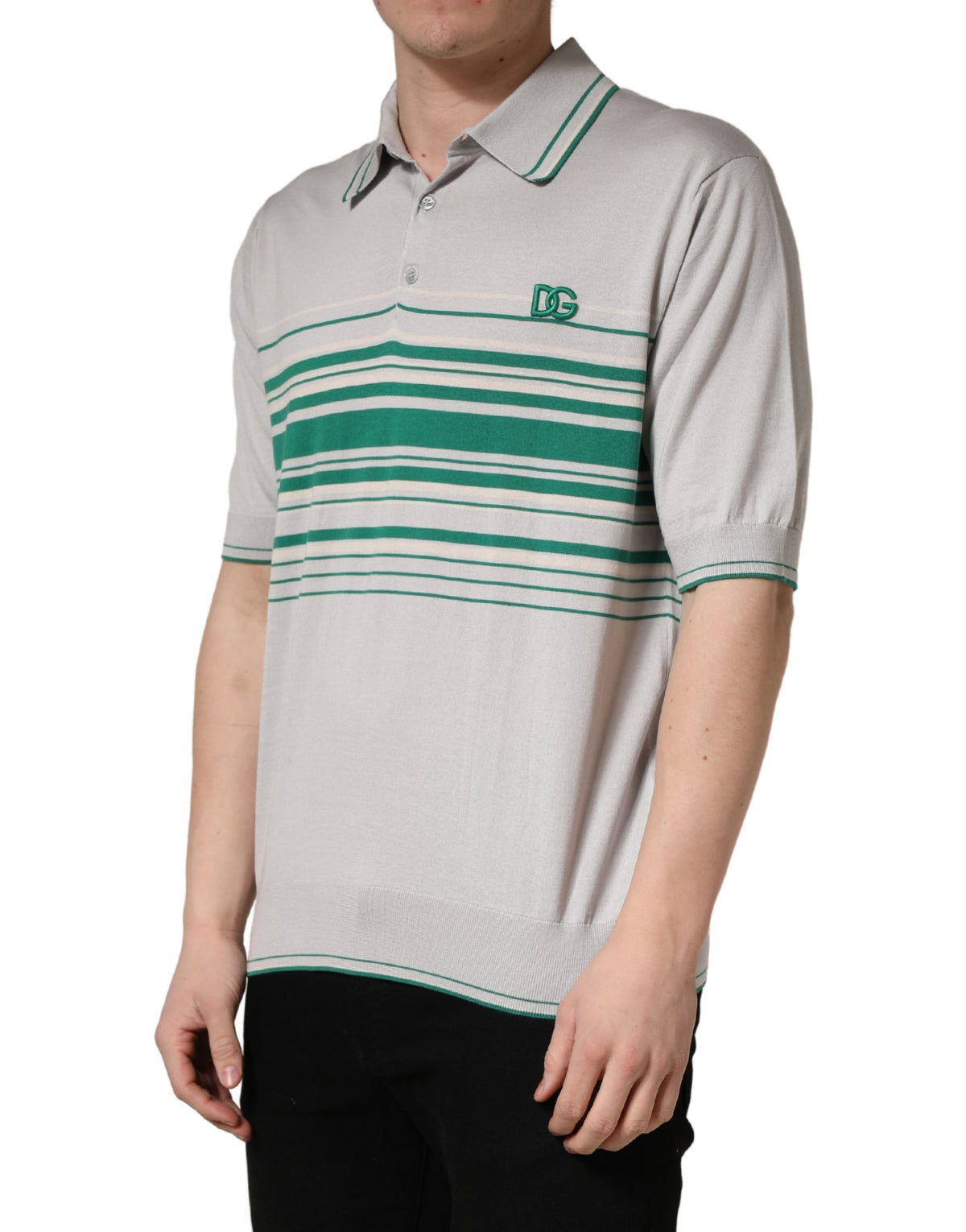 Dolce & Gabbana gray and green striped silk polo T-shirt with logo detailing on the chest.