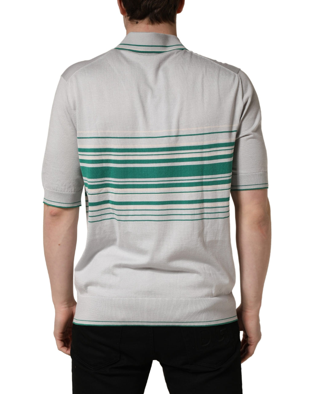 Dolce & Gabbana gray and green striped silk polo T-shirt with logo details, showcasing a stylish casual design.