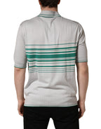 Dolce & Gabbana gray and green striped silk polo T-shirt with logo details, showcasing a stylish casual design.