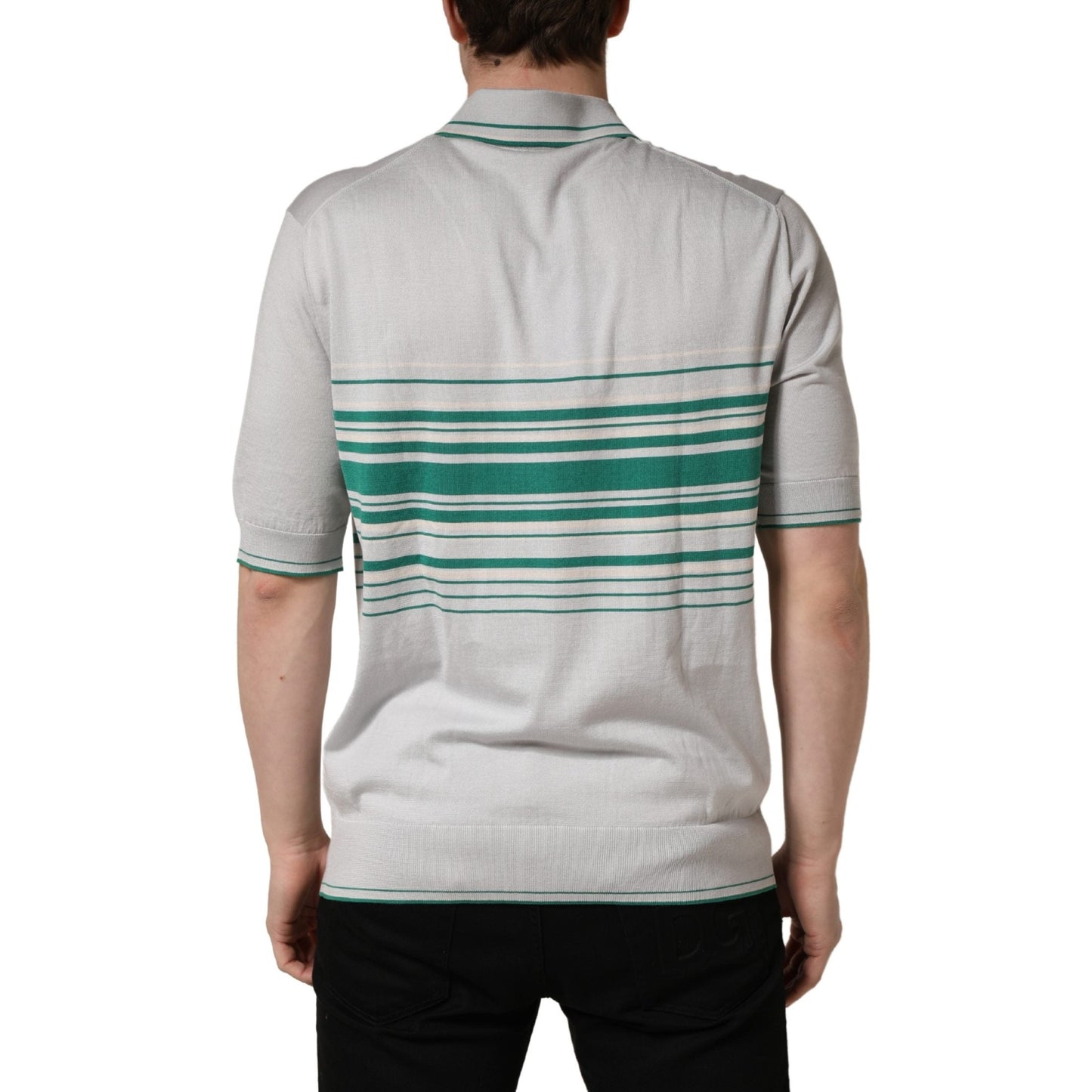 Dolce & Gabbana Gray Green Striped Logo Silk Polo T-shirt Dolce & Gabbana