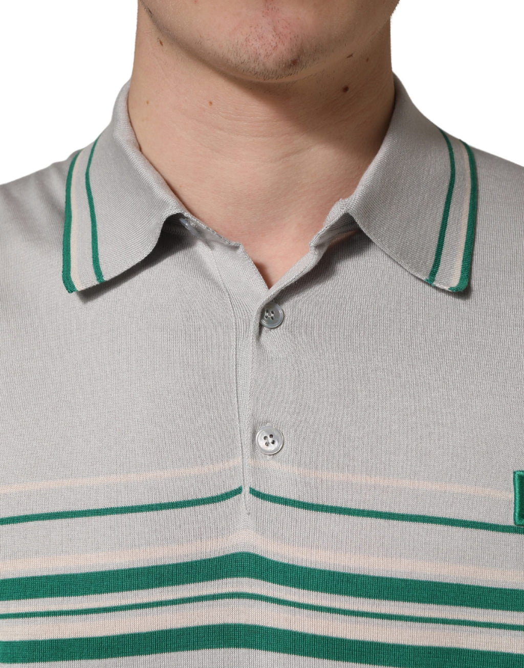 Dolce & Gabbana gray and green striped logo silk polo T-shirt shown on a hanger, featuring a classic collar and short sleeves.