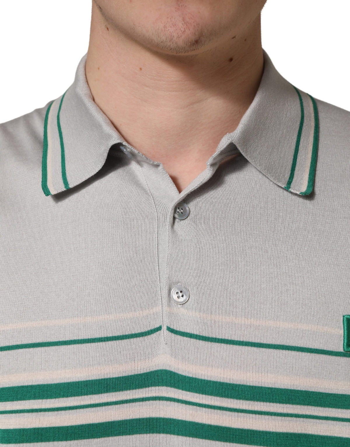 Dolce & Gabbana gray and green striped logo silk polo T-shirt shown on a hanger, featuring a classic collar and short sleeves.