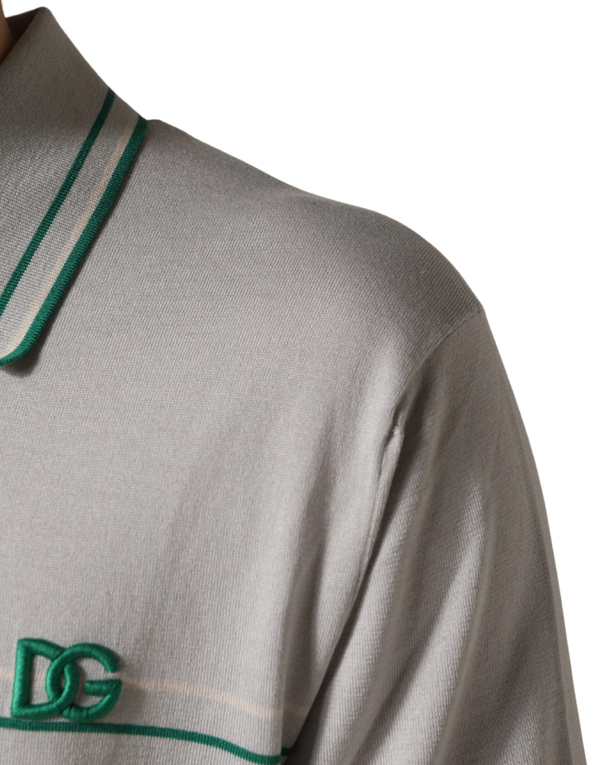 Dolce & Gabbana gray and green striped silk polo T-shirt with logo, featuring classic fit and soft fabric.