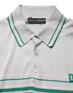 Gray and green striped Dolce & Gabbana silk polo T-shirt with logo, featuring a classic fit and soft fabric.