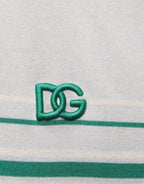 Dolce & Gabbana gray and green striped logo silk polo T-shirt displayed on a hanger with visible collar and branding details.
