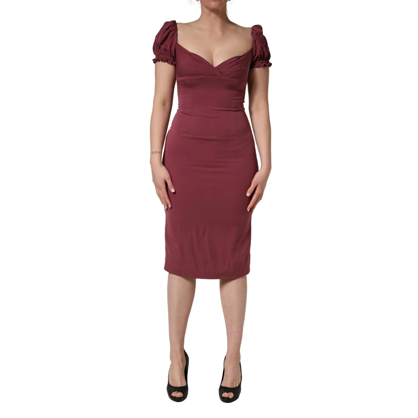 Dolce & Gabbana Maroon Silk Sweetheart Sheath Midi Dress
