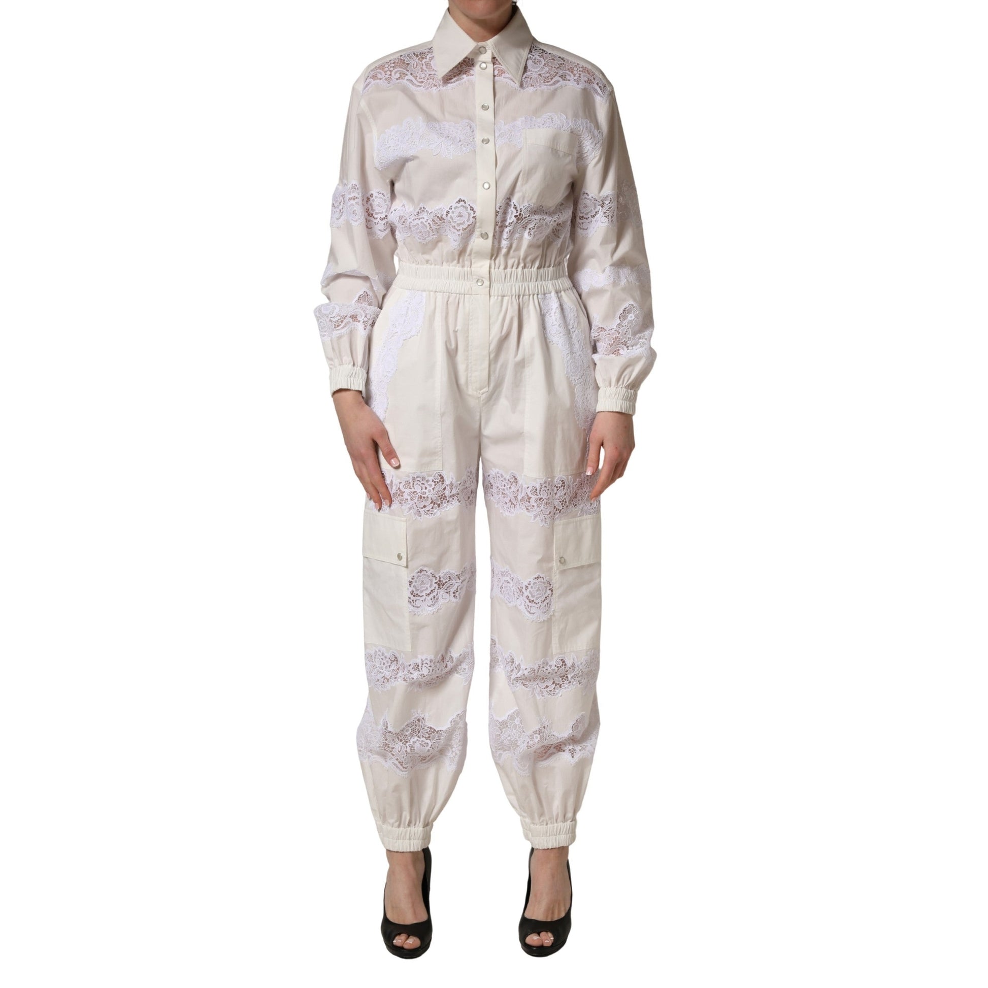 Dolce & Gabbana White Cotton Lace Trim Long Sleeves Jumpsuit