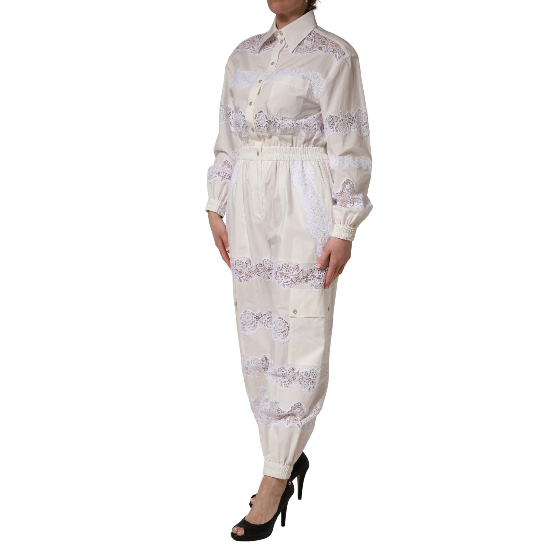 Dolce & Gabbana White Cotton Lace Trim Long Sleeves Jumpsuit