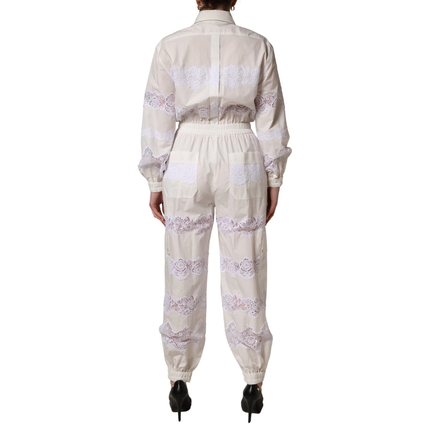 Dolce & Gabbana White Cotton Lace Trim Long Sleeves Jumpsuit
