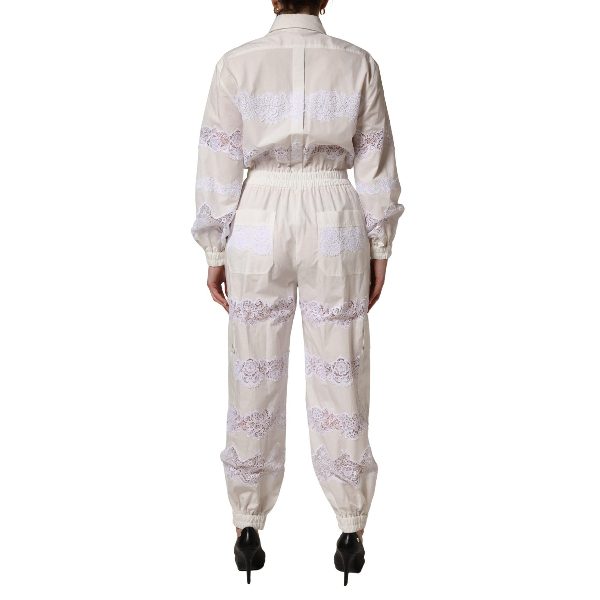 Dolce & Gabbana White Cotton Lace Trim Long Sleeves Jumpsuit