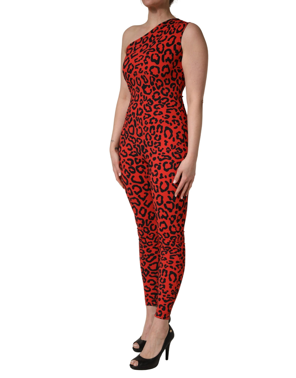 Dolce & Gabbana black and red nylon leopard print jumpsuit with long sleeves and a fitted silhouette.