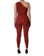 Dolce & Gabbana black and red nylon leopard print jumpsuit with long sleeves and fitted silhouette.