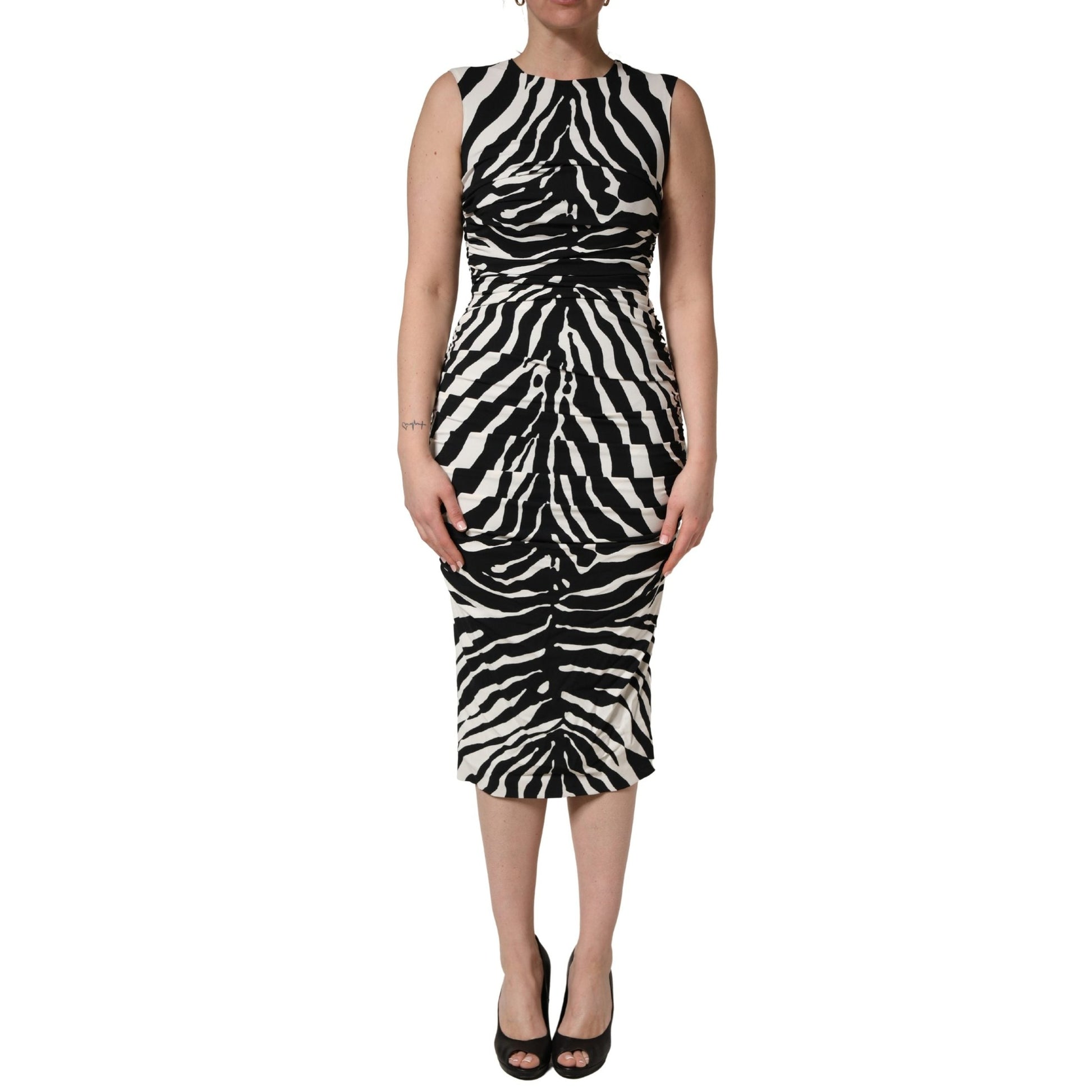 Dolce & Gabbana Black White Zebra Cady Calf Length Dress Dolce & Gabbana