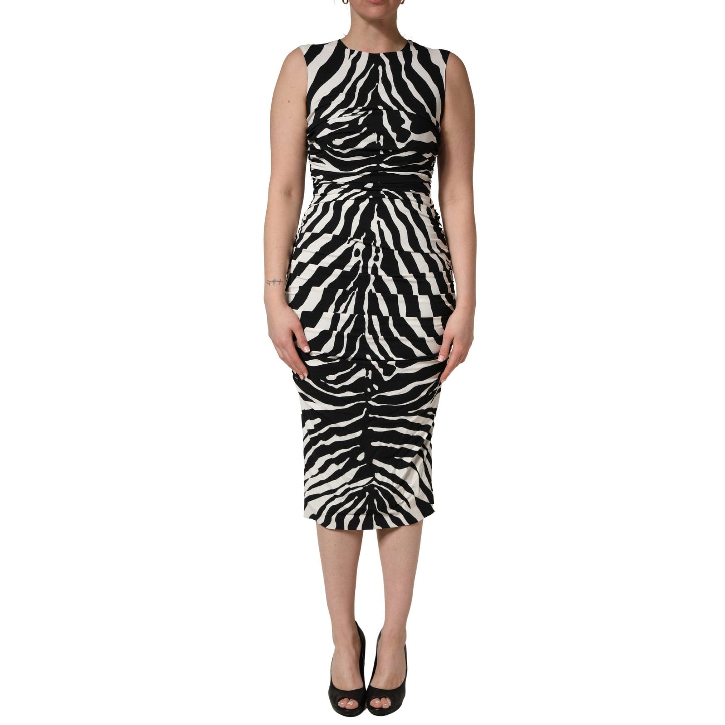 Dolce & Gabbana Black White Zebra Cady Calf Length Dress Dolce & Gabbana